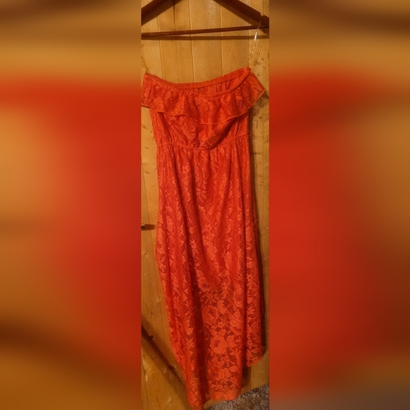 TRIXXI Small Coral Strapless Hi-Low style Lace Dress lined with belt loops EUC - Picture 2 of 8